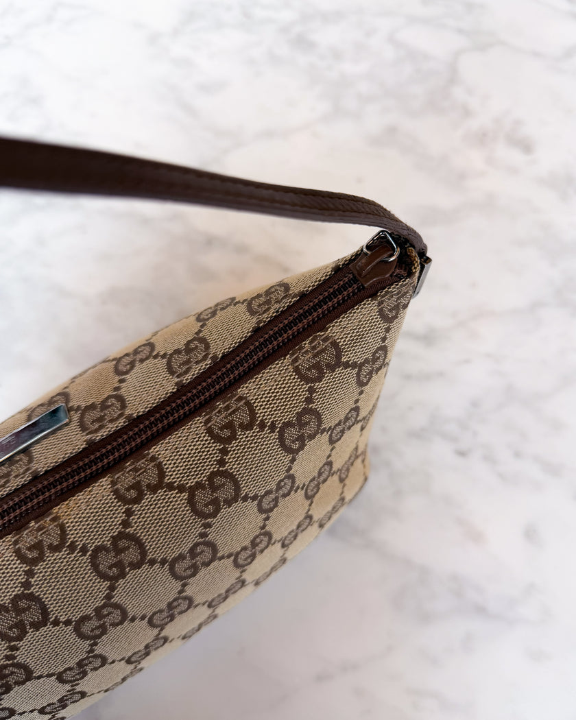 Gucci Beige & Brown GG Monogram Canvas Boat Bag with Brown Handle