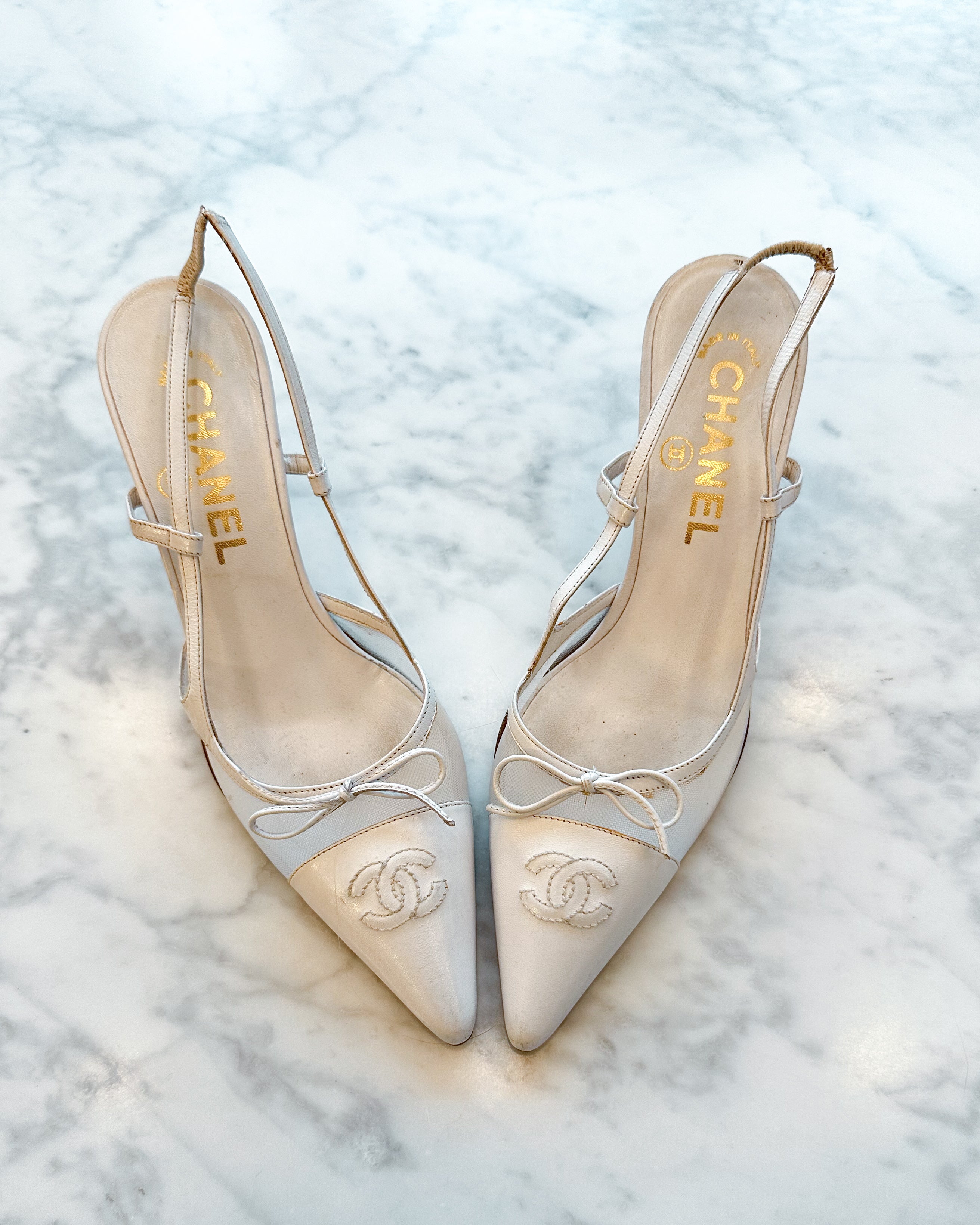 Chanel 2005 CC White Bow Mesh Slingback Heels (36)