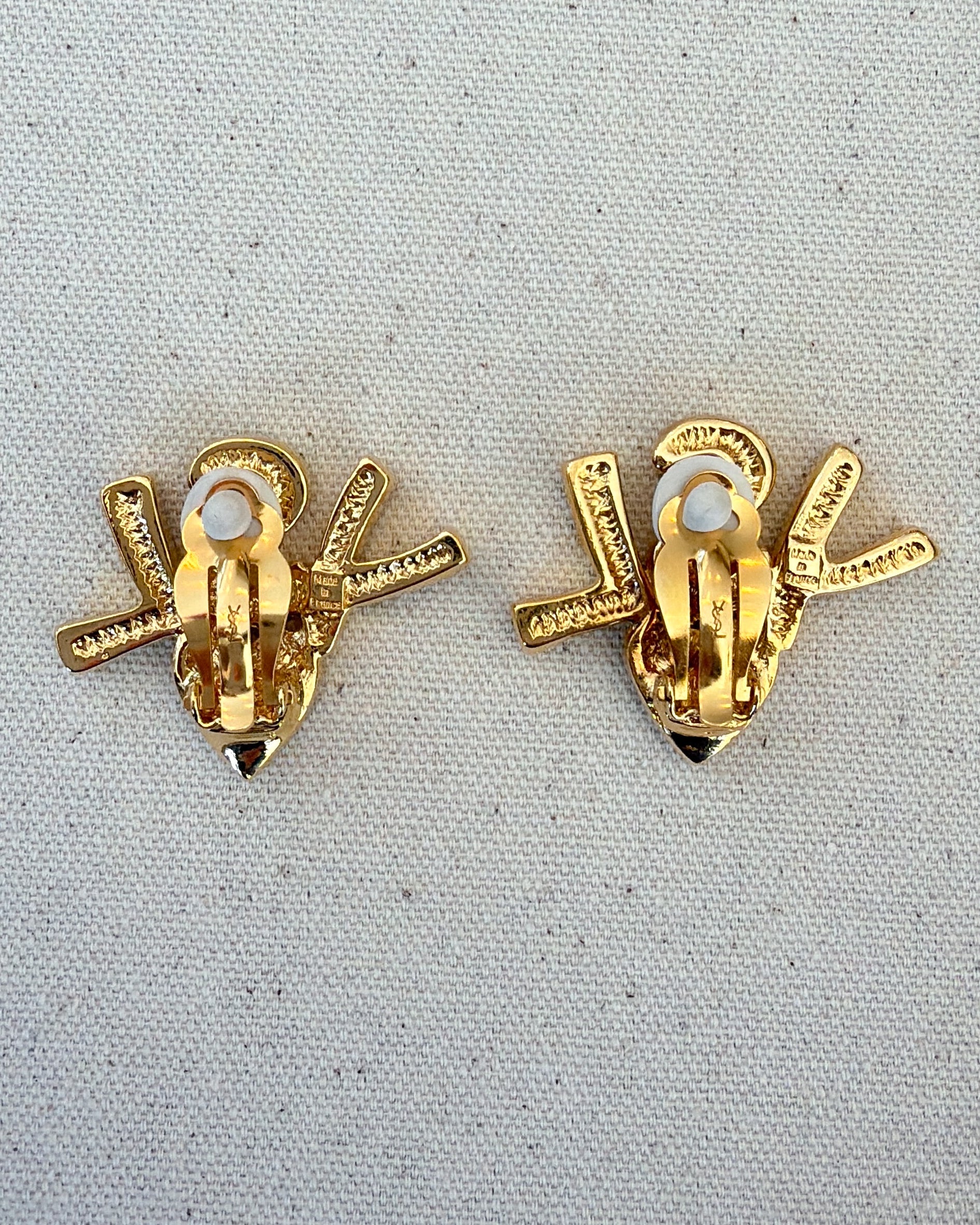Yves Saint Laurent Vintage Gold-Tone YSL Logo Heart Clip-On Earrings with Red Crystals