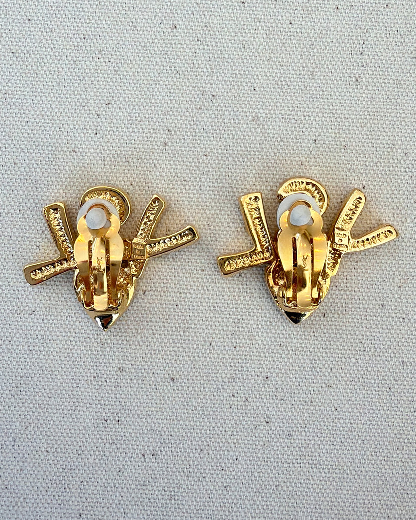 Yves Saint Laurent Vintage Gold-Tone YSL Logo Heart Clip-On Earrings with Red Crystals