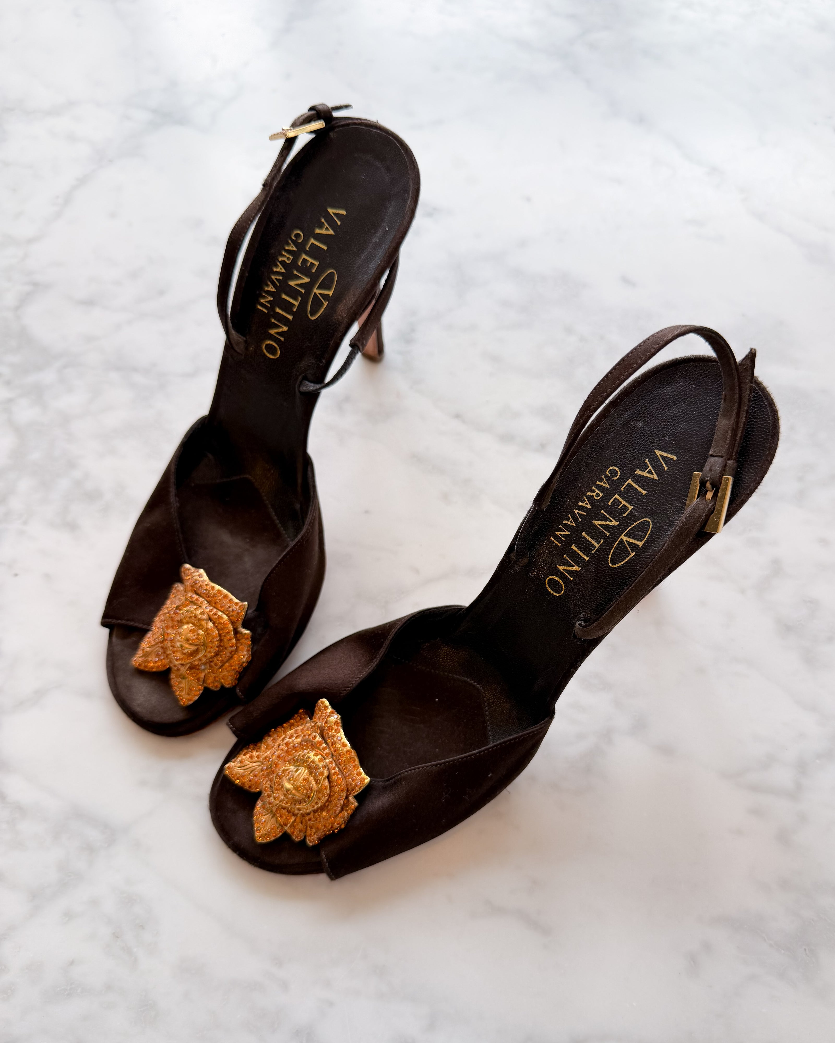 Valentino Garavani Brown Satin Slingback Heels with Gold Rose Embellishment (38.5)