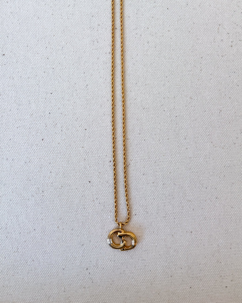 Christian Dior Vintage Gold-Tone CD Logo Pendant Necklace with Textured Rope Chain