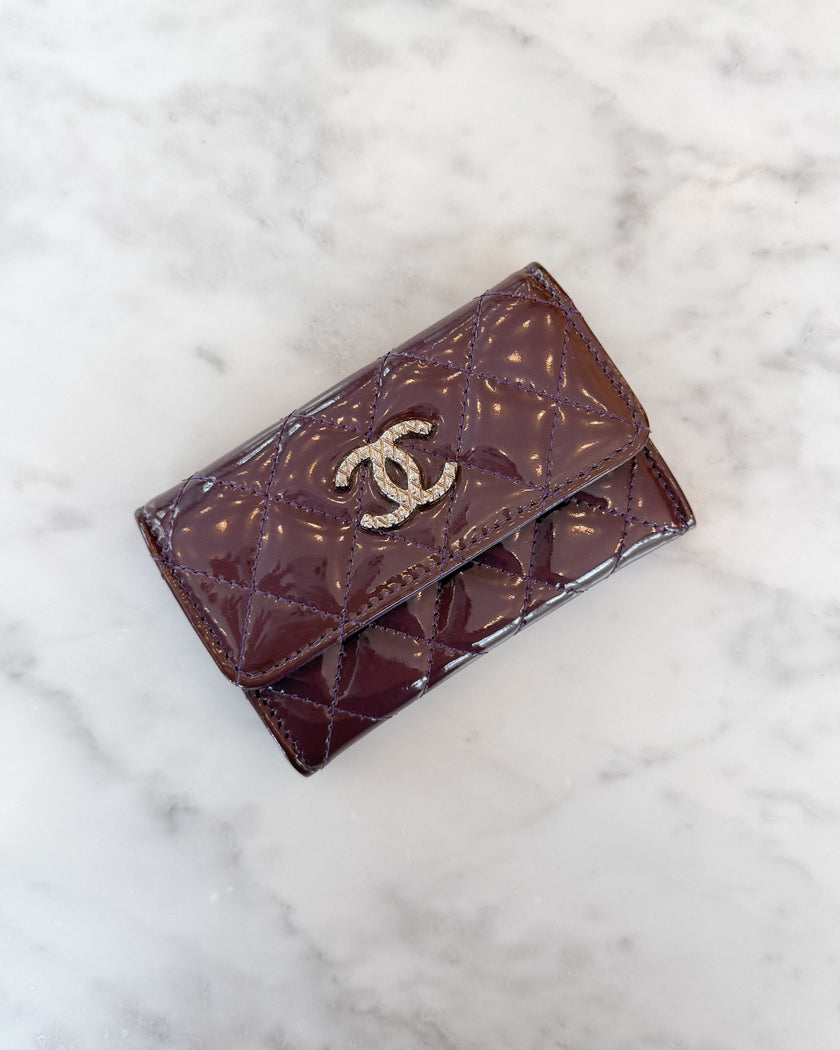 Chanel Purple Patent Quilted Embellished CC Logo Wallet
