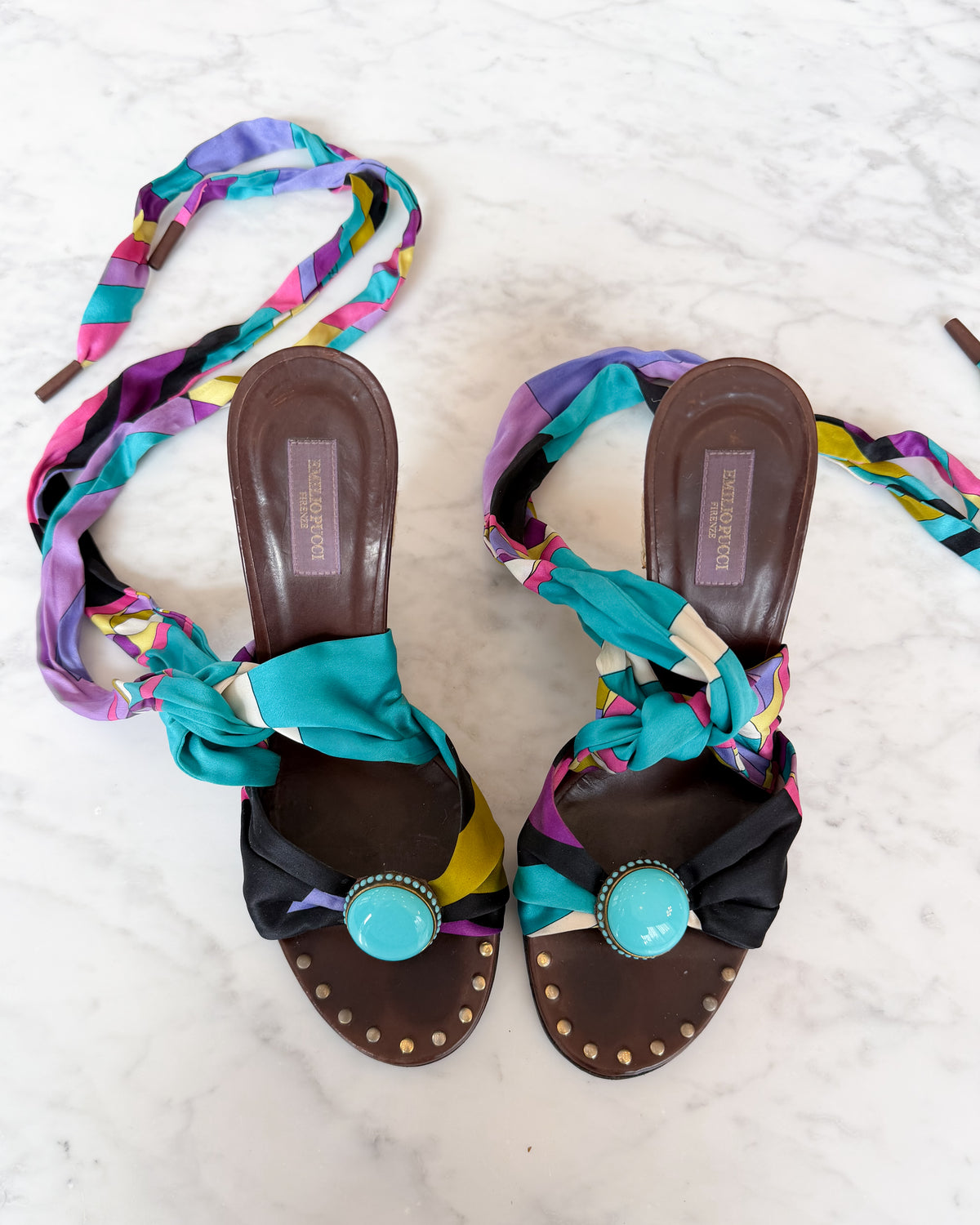 Emilio Pucci Multicolour Print Bow Wedge Sandals (38)
