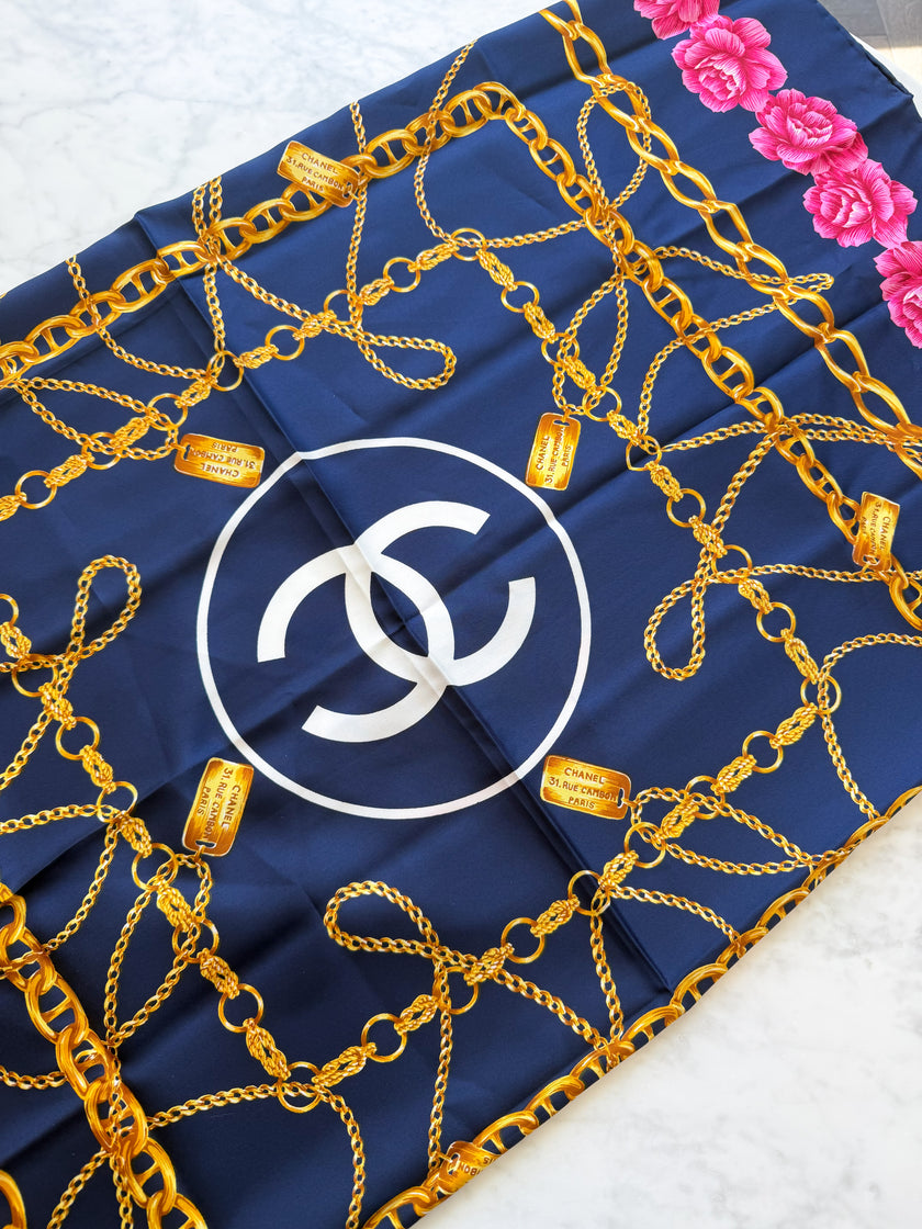 Chanel Vintage Large Silk Scarf CC Logo Pink Camellia Gold Chain Print (Brand New!)