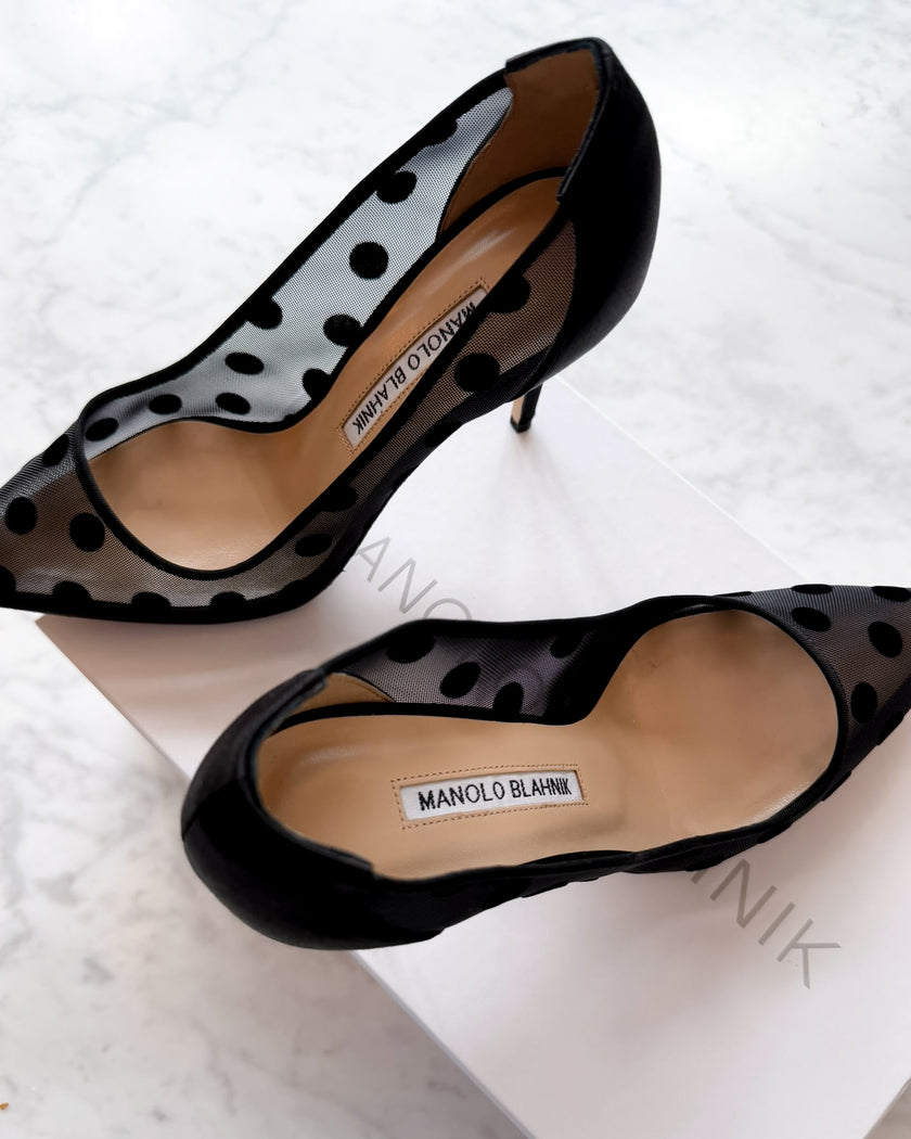 Manolo Blahnik Black Polka Dot Mesh Heels (37) RRP £765