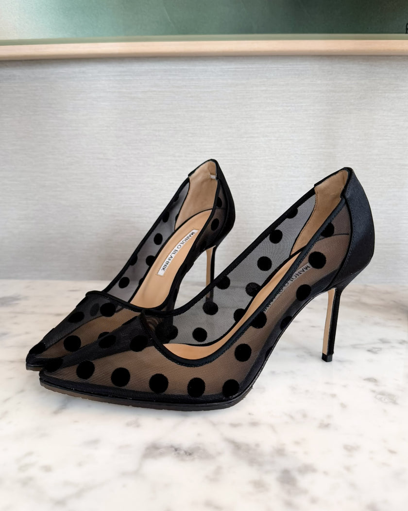 Manolo Blahnik Black Polka Dot Mesh Heels (37) RRP £765