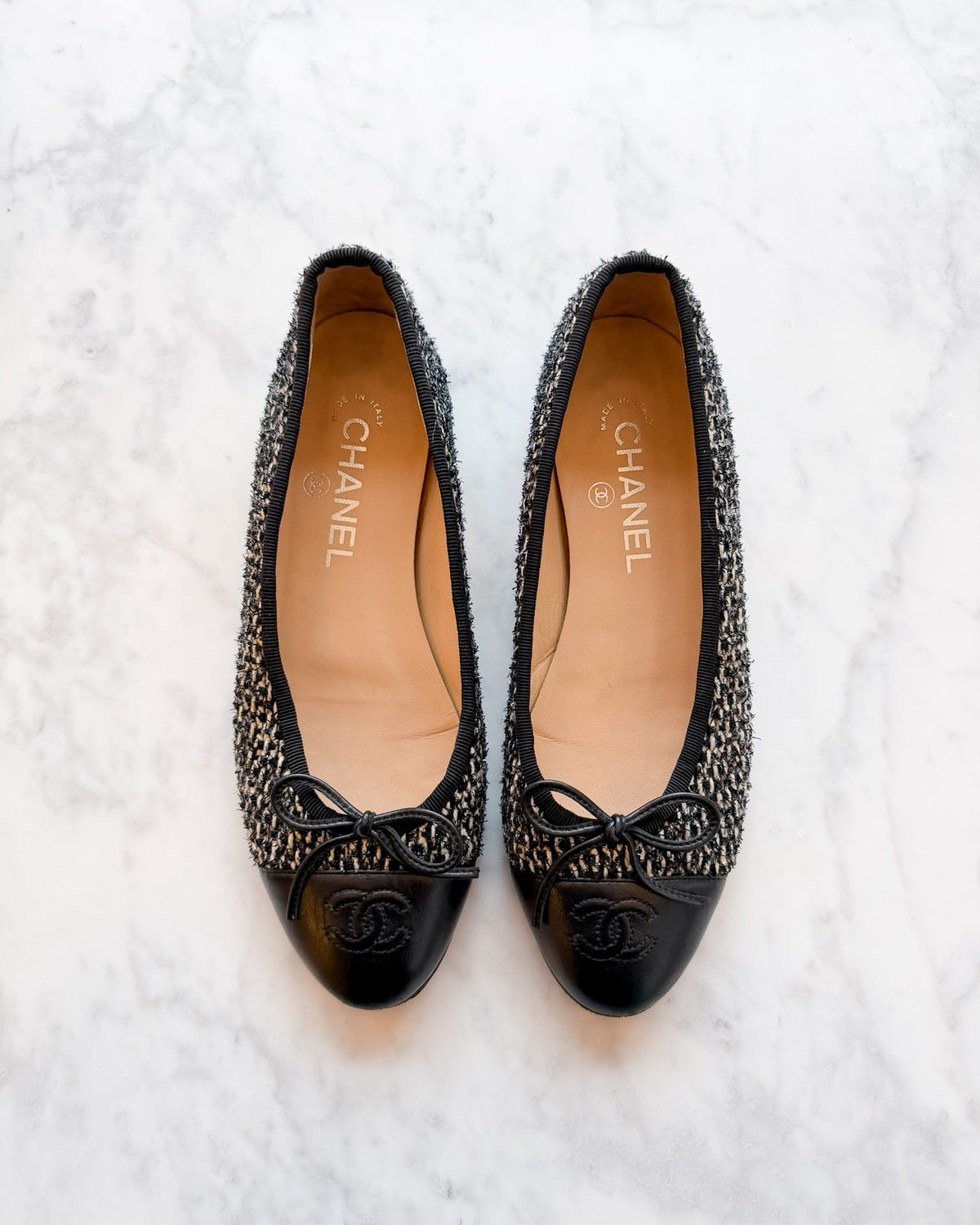 Chanel Black & White Woven Tweed Ballet Flats (37.5)