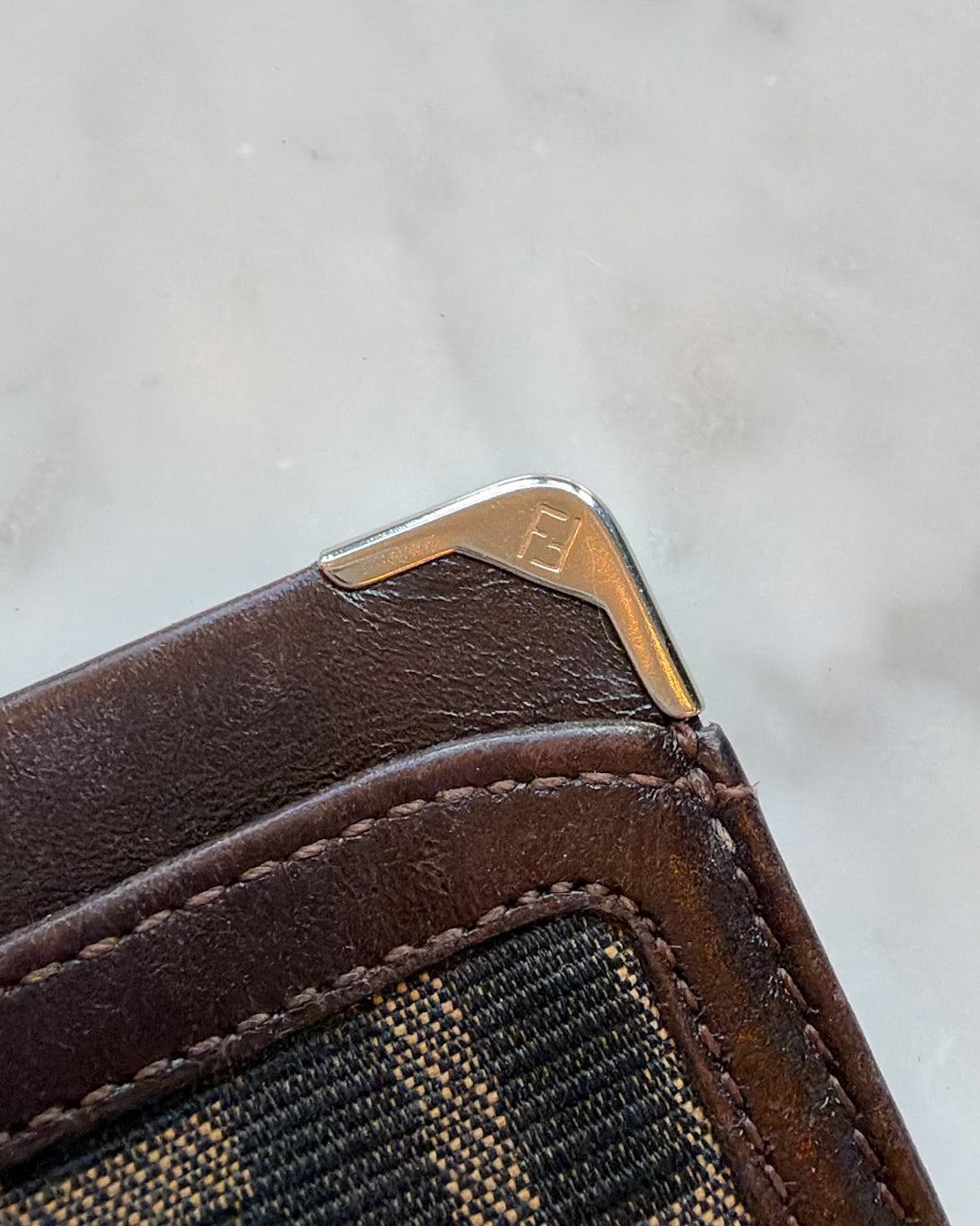 Fendi Zucca Monogram Canvas Cardholder with Brown Leather Trim