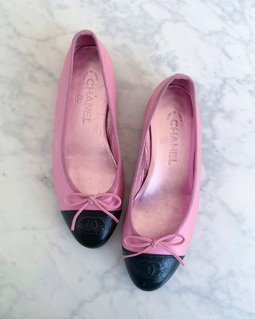 Chanel Shimmer Pink & Black CC Ballet Flats (36.5)