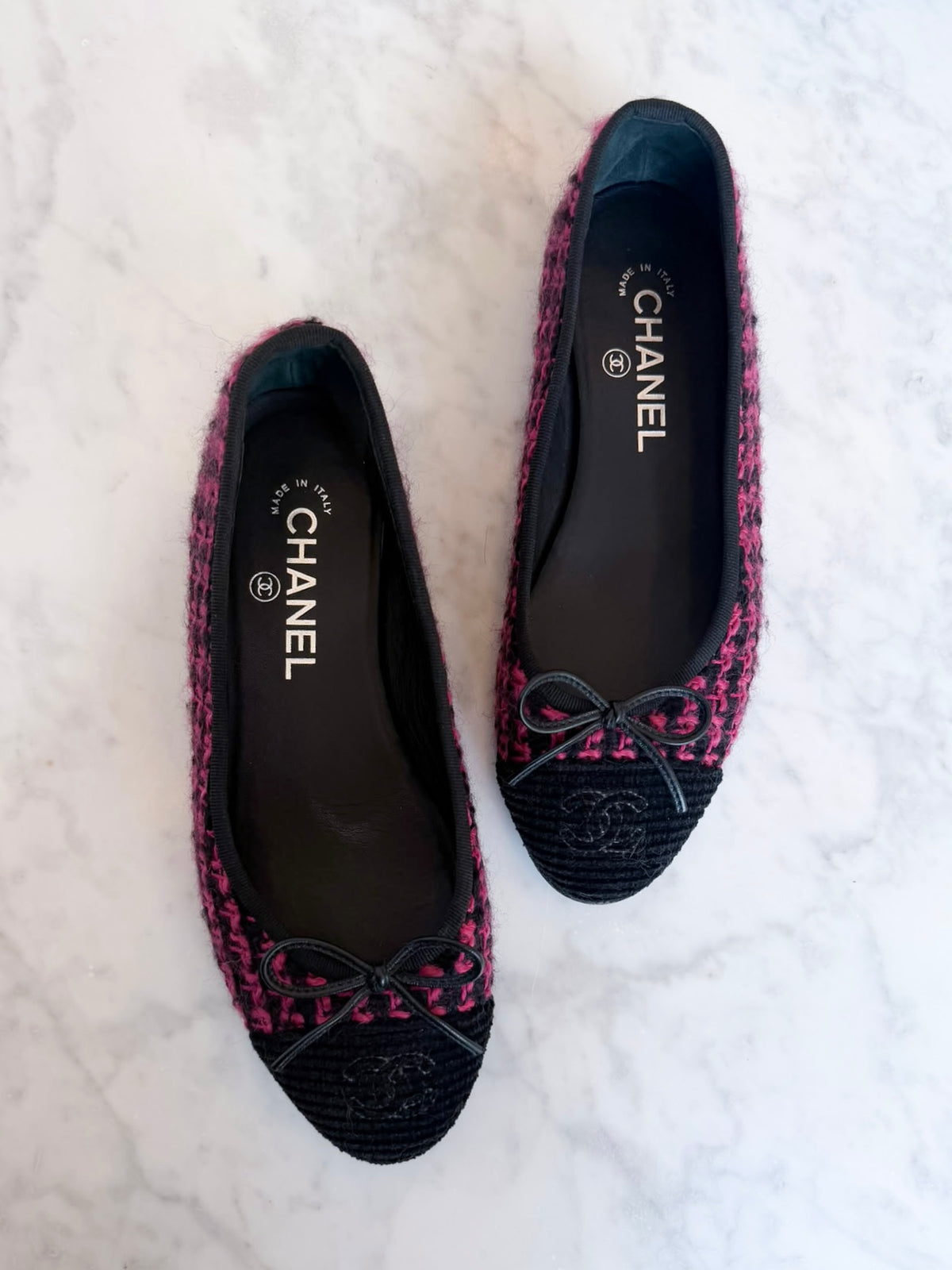 Chanel Hot Pink & Black Textured Tweed & Corduroy Cap-Toe Ballet Flats (37)