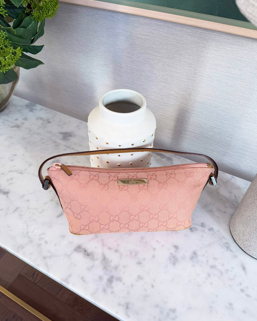 Gucci Baby Pink GG Monogram Boat Handbag with Camel Handle - RARE COLOUR
