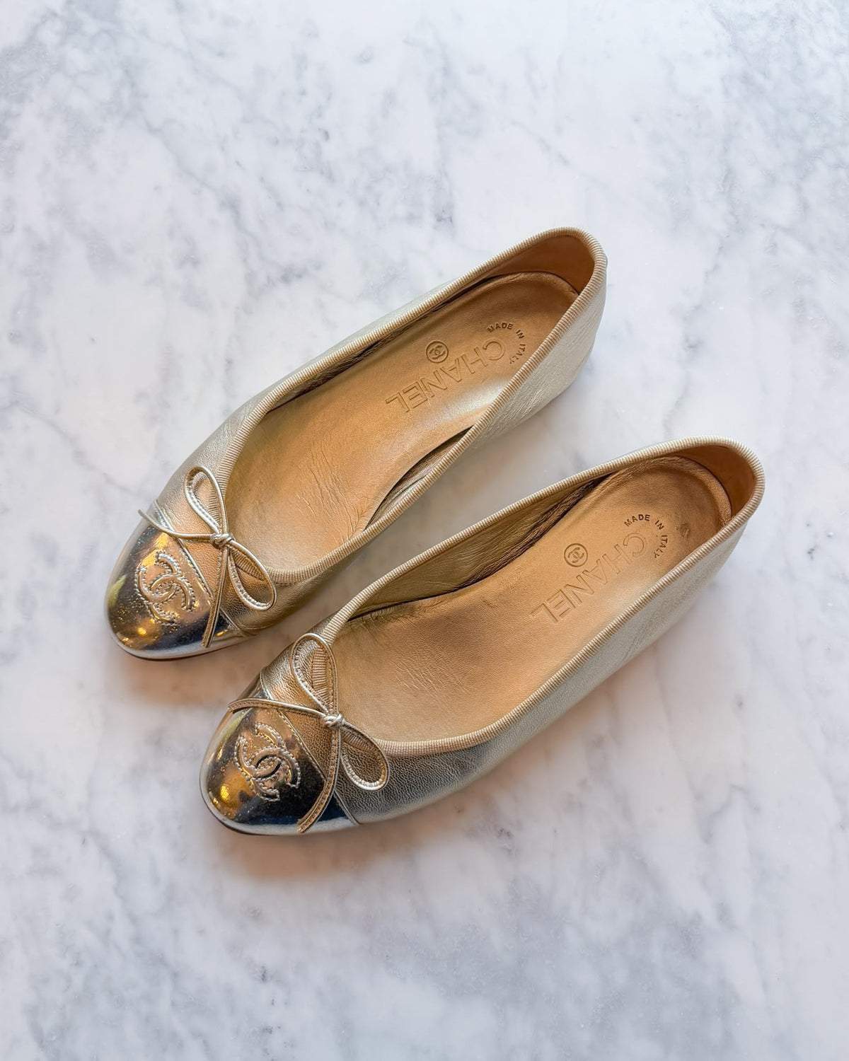 Chanel Metallic Gold Champagne and Silver Holo CC Ballet Flats (36.5) - VERY RARE