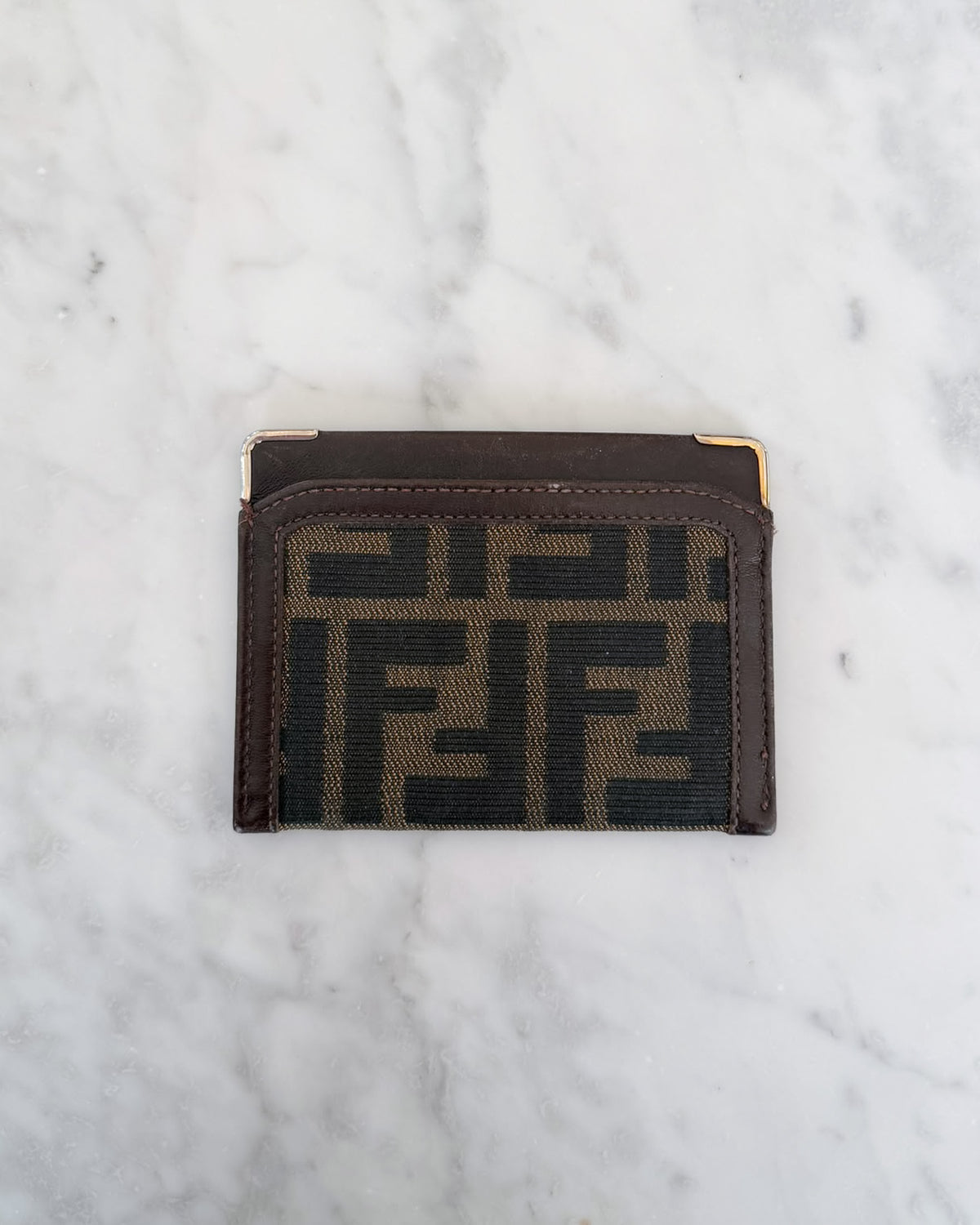 Fendi Zucca Monogram Canvas Cardholder with Brown Leather Trim