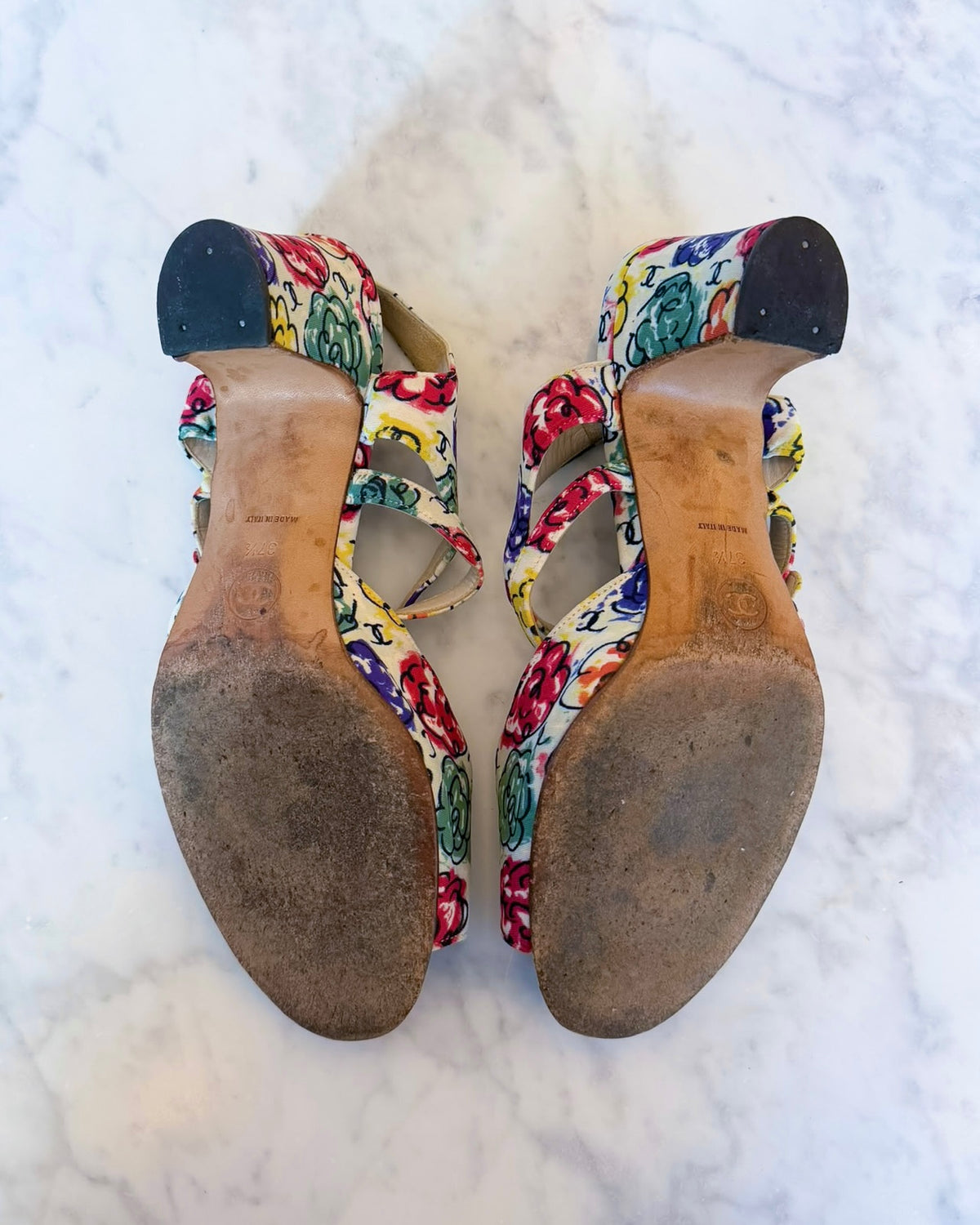 Chanel Camellia CC Multicolour Print Heels (37.5)