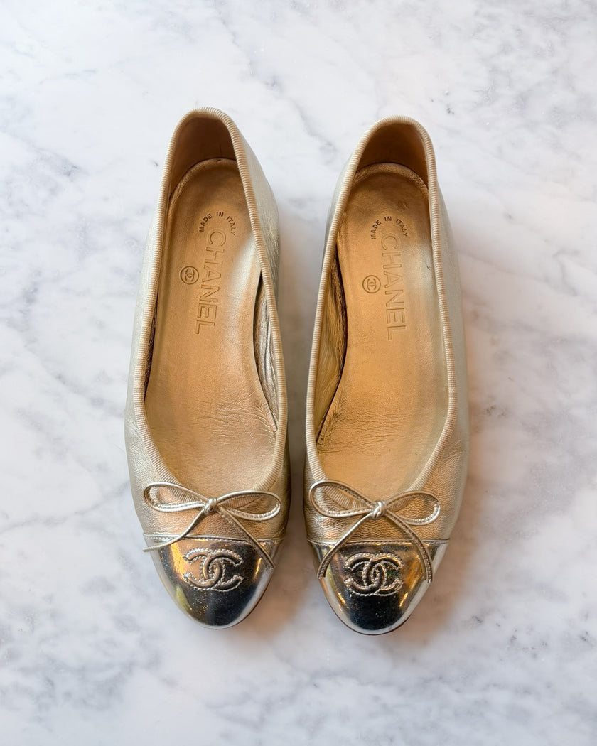 Chanel Metallic Gold Champagne and Silver Holo CC Ballet Flats (36.5) - VERY RARE