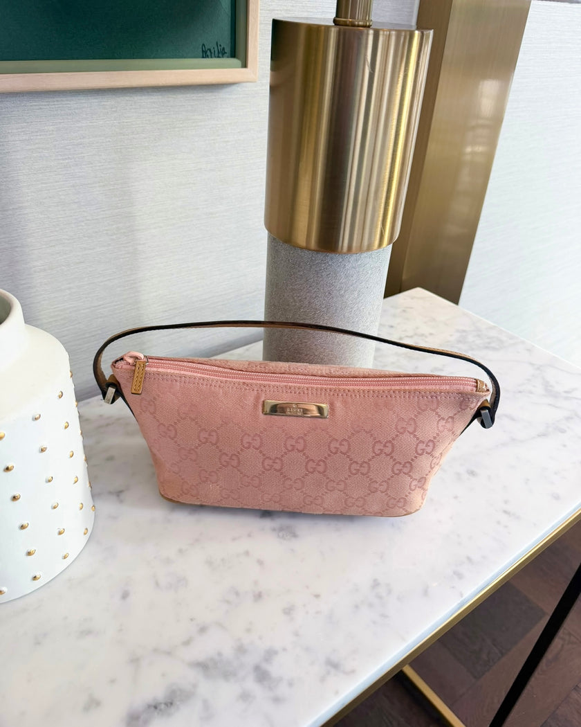 Gucci Baby Pink GG Monogram Boat Handbag with Camel Handle - RARE COLOUR